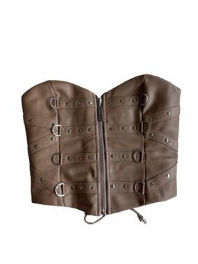 Strap-Detail Faux Leather Brown Bustier Top